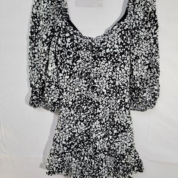 Zara Ruffle Viscose Ruched Mini Puff Sleeves Fit Flare Retro 70's Floral Dress - Picture 6 of 9